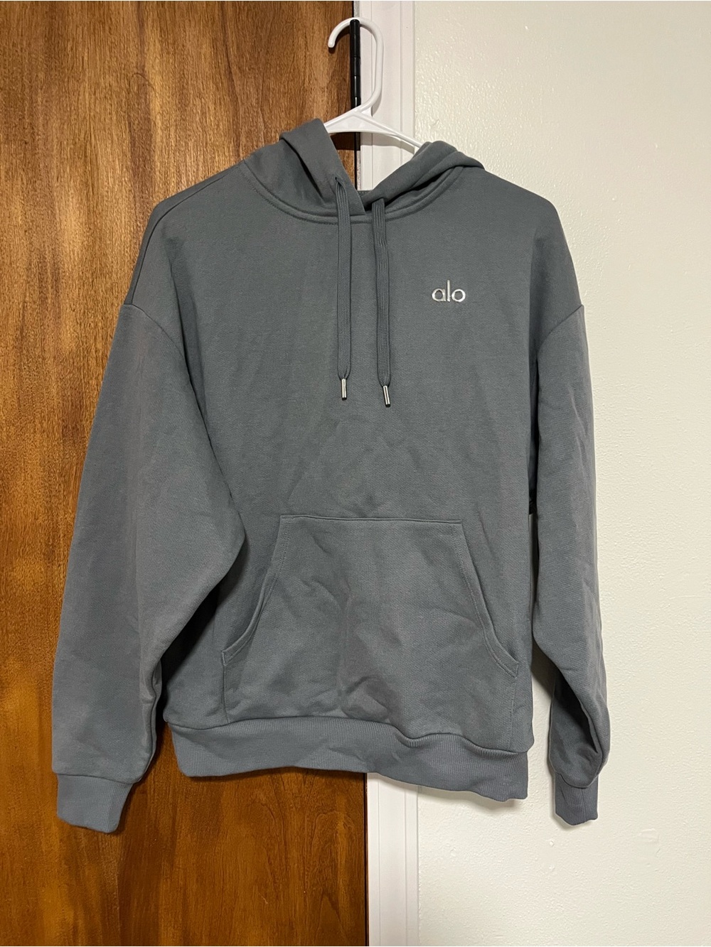 Alo Yoga Accolade Hoodie Size XS Gray Steel Blue Oversized Pullover Sweatshirt